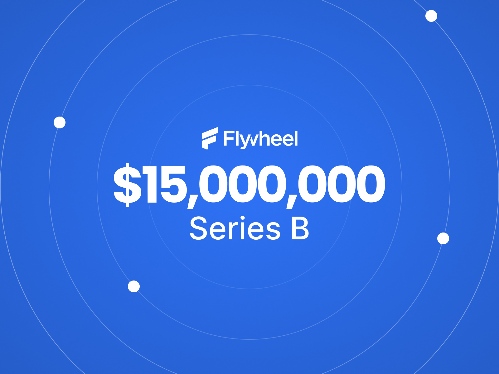 The number 15 million with the Flywheel logo and text "Series B" with concentric dots around it.