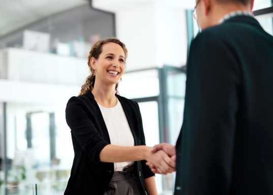 Shot of a businesswoman and businessman shaking hands in a modern office
